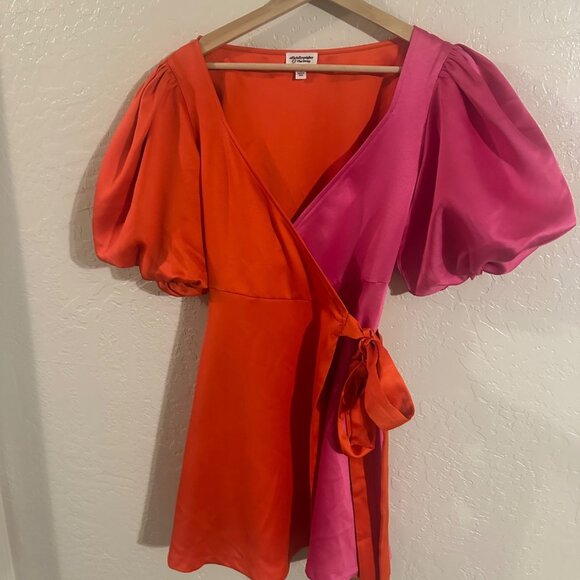 Officiallyquigley X The Drop Color Block Orange & Pink Puffy Sleeve Mini Dress - Picture 3 of 13